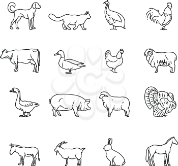 Farm animals vector thin line icons set. Outline cow, pig, chicken, horse, rabbit, goat, donkey, sheep, geese symbols. Set of farm animal illustration pictogram animal in line style