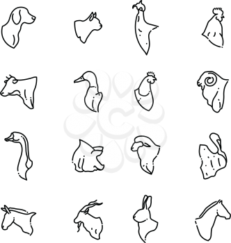 Farm animal and birds heads thin line flat icons. Figure head farm animals and outline head cow, hen, pig. Vector illustration