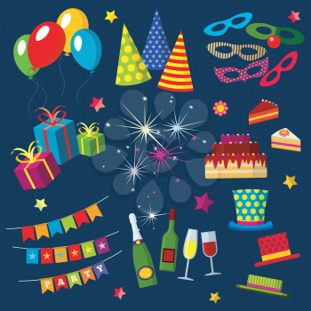 Celebration, happy birthday, party, carnival, festive vector icons set with balloons, cake, gift, fireworks, sparkler. Objects for celebration and party, illustration colorful accessories for party