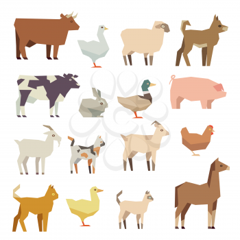 Pets and farm animals vector flat icons set. Polygonal animal hen and cattle, lamb and duck, illustration figure colored farm animal