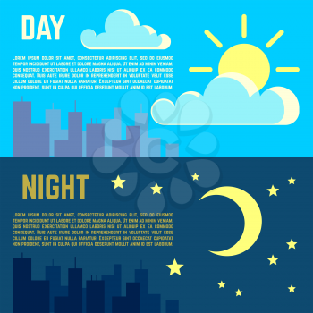 Day and night vector banners flat sun moon symbols. Moon and sun illustration time night with moon and day with sun