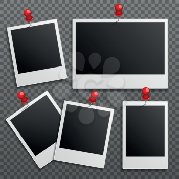 Photo polaroid frames on wall attached with pins. Photo frame and collection of retro photo picture. Vector illustration set