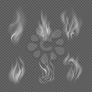 Realistic cigarette smoke waves on transparent checkered background. Set of smoke abstract, effect realistic smoke. Vector illustration