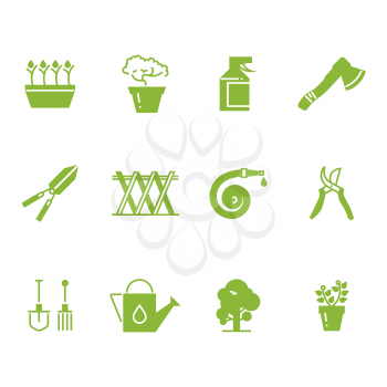 Green gardening tools and accessories icons set. Watering and tools for gardening, vector illustration