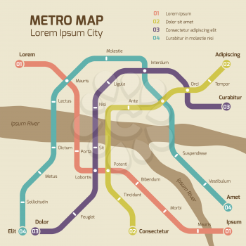 Vintage colors subway map vector concept. Railway map illustration flat