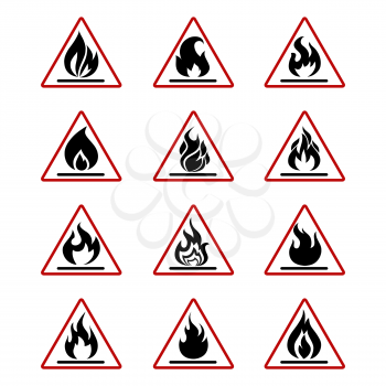 Danger fire icons with flame isolated on white. Danger symbol set illustration