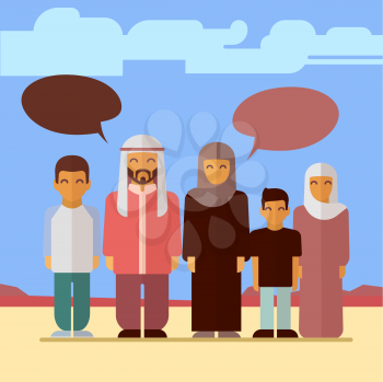 Flat arabic family social concept design. Vector arabic people illustration
