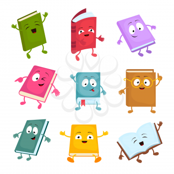 Funny and cute cartoon book vector characters. Happy library books mascots set. Character books cartoon illustration