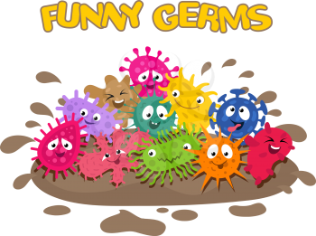 Funny vector germs. Cartoon bacteria splash in mud vector illustration. Microbe characters, colored bacteria and germ