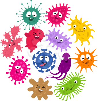 Funny germs and virus kids vector background. Illustration of characters group bacteria and microbe organism infection