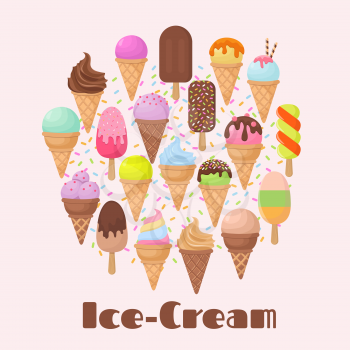 Cartoon ice cream summer dessert vector icons. Food dessert chocolate ice cream, cone sweet vanilla ice-cream illustration
