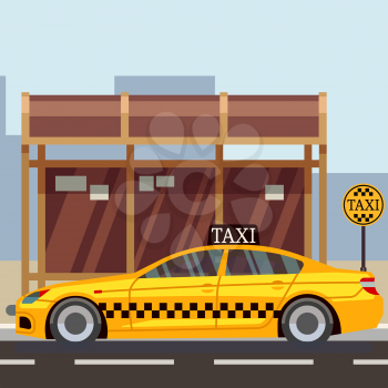 Taxi flat poster - taxi car on taxi stop. Vector illustration