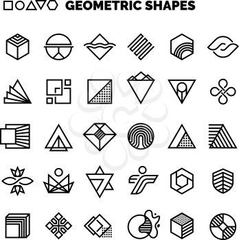 Universal black and white geometric vector shapes isolated for graphic design. Geometric element logo simple collection