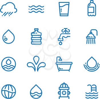 Crystal clean water drops, fresh drinks and hygiene line vector icons. Water drop and drink pure illustration