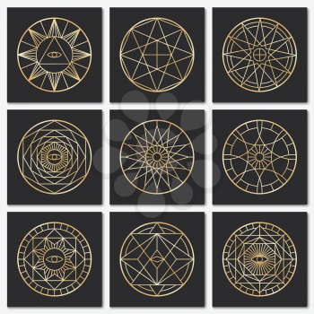 Ancient masonic pentagrams. Steampunk gold sacred vector symbols on dark backgrounds. Mystery circle esoteric symbol, freemasonry geometry spirituality illustration
