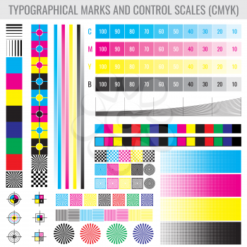 CMYK press print marks and colour tone gradient bars for printer test vector set. Mode of colored tone test illustration