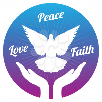 Dove peace flying from hands in sky. Love, freedom and religion faith vector concept. Peace and love, faith and hope illustration