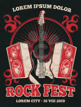 Retro rock music band vector poster with guitar. Rock music festival grunge illustration banner in red black