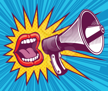 Girl mouth with megaphone. Vector illustration in pop art style. Mouth and megaphone speech, female screaming announce illustration
