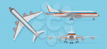 Modern passenger airplane, airliner in top, side, front view. Vector aircraft in flat style. Aircraft flight, airplane transport top view illustration