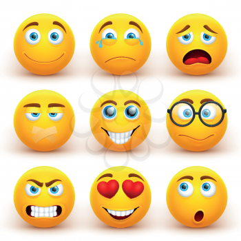 Yellow 3d emoticons vector set. Funny smiley face icons with different expressions. Cartoon character smile face, expression happiness illustration