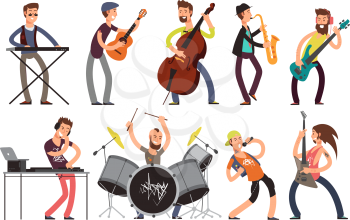 Rock n roll music band vector characters with musical instruments. Musicians playing music. Concert music with guitar and singer illiustration