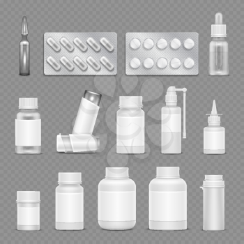 White blank medicine pharmaceutical packaging vector mockups isolated on transparent background. Illustration of pharmaceutical container and tablet illustration