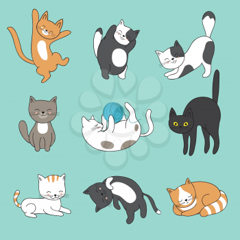 Cool doodle abstract cats vector characters. Hand drawn cartoon kittens. Animal funny character, feline mascot fluffy illustration