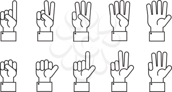 Hand with counting fingers vector line symbols. Human hand and finger gesture symbol illustartion