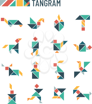 Chinese puzzle shapes cutting intellectual kids game - tangram origami vector set. Triangle and square parts of puzzle for tangram illustration