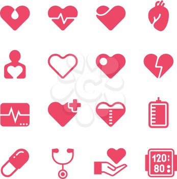 Heart diagnosis and cardiac treatment vector icons. Cardiology red silhouette pictograms. Medicine diagnosis health, cardiology sign collection illustration