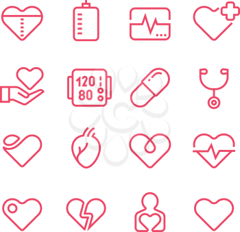 Cardiology medicine vector line icons. Cardiologist and heart diseases vector symbols. Health heart line icons. Illustration of cardiology medicine