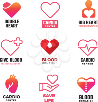 Cardiology and blood donation vector medical logos. International heart day emblems. Blood medical logo with red heart illustration