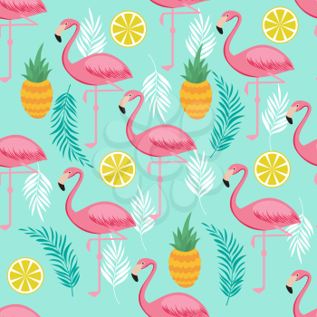 Pink flamingo, pineapples and exotic leaves vector seamless pattern. Exotic summer pattern with bird flamingo illustration
