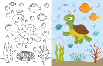 Turtle coloring pages. Cartoon swimming sea animals underwater. Vector illustration for kids coloring book. Underwater sea, turtle animal and fish