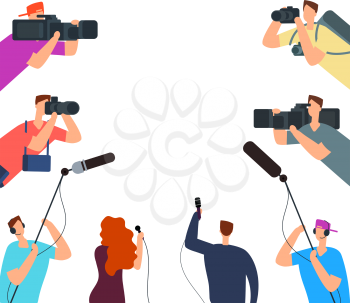 Broadcast interview. Tv journalists with camera and microphones online. News on air vector concept. Journalist interview live, journalism and reporter illustration