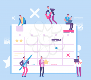Task planning board. People with big scrum process board. Business and ream working vector concept. Scrum work project, management business and task board illustration