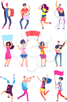 People in parade. Peaceful participants with placards and banners. Activists manifestation vector characters set. Illustration of protest political and demonstrate, revolution people
