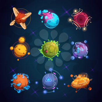 Cartoon fantastic planets. Fantasy alien planet objects for space game. Vector planet and asteroid on orbit for gui fantastic space illustration