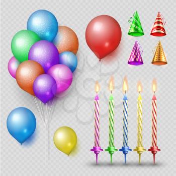 Party accessorises vector set. Realistic candles, balloons and party hats isolated on transparent background. Illustration of candle and entertainment hat