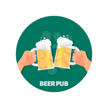 Beer pub vector icon design. Two hands holding beer glasses. Illustration of beer drink, pub emblem