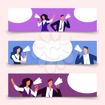 Horizontal banners template with woman and man with megaphone. Buisnesspeople shouting in bullhorn with speech bubble for message. Illustration of man with speech communication announcement