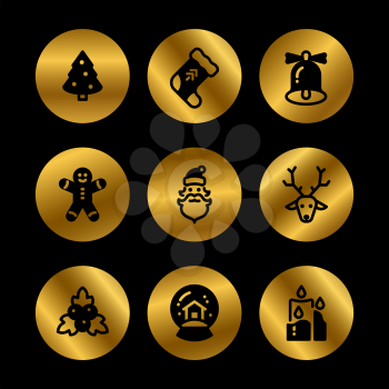 Christmas holiday symbols. Winter xmas silhouette black icons on gold rounds. Vector illustration