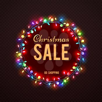 Christmas Sale banner template with colorful lights. Vector christmas holiday sale, banner light xmas garland illustration