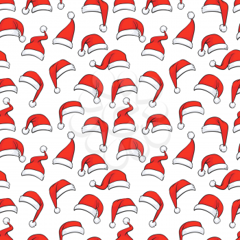 Christmas seamless pattern with hand drawn red Santa hats. Vector illustration