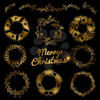 Gold Christmas hand drawn wreaths, border frames with fir branch vector isolated on black background illustration