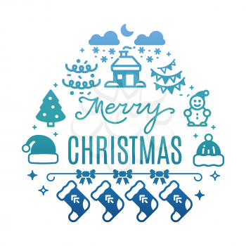 Merry Christmas colorful banner with festive icons silhouette isolated on white background illustration