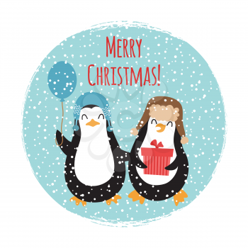 Merry Christmas cute penguins vintage card design isolated on white illustration