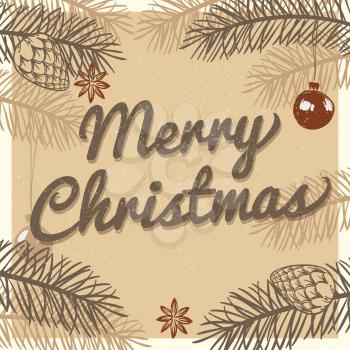 Merry christmas vintage greeting card. Winter holiday vector background with hand drawn fir tree branches and pines illustration