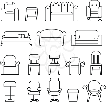 Furniture, chair, armchair, lounge, sofa, couch line vector icons. Linear furniture for sit, illustration of furnitures for interior